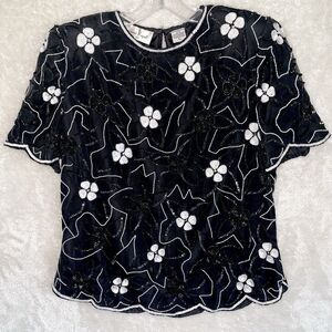 Laurence Kazar Black Silk Top Size L White Sequins Scalloped Trim Evening Gala